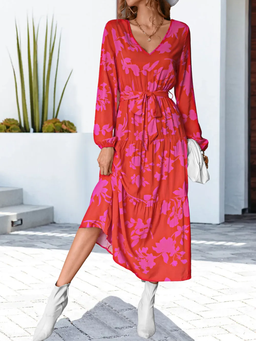 Floral V-Neck Long Sleeve Dress, image 2