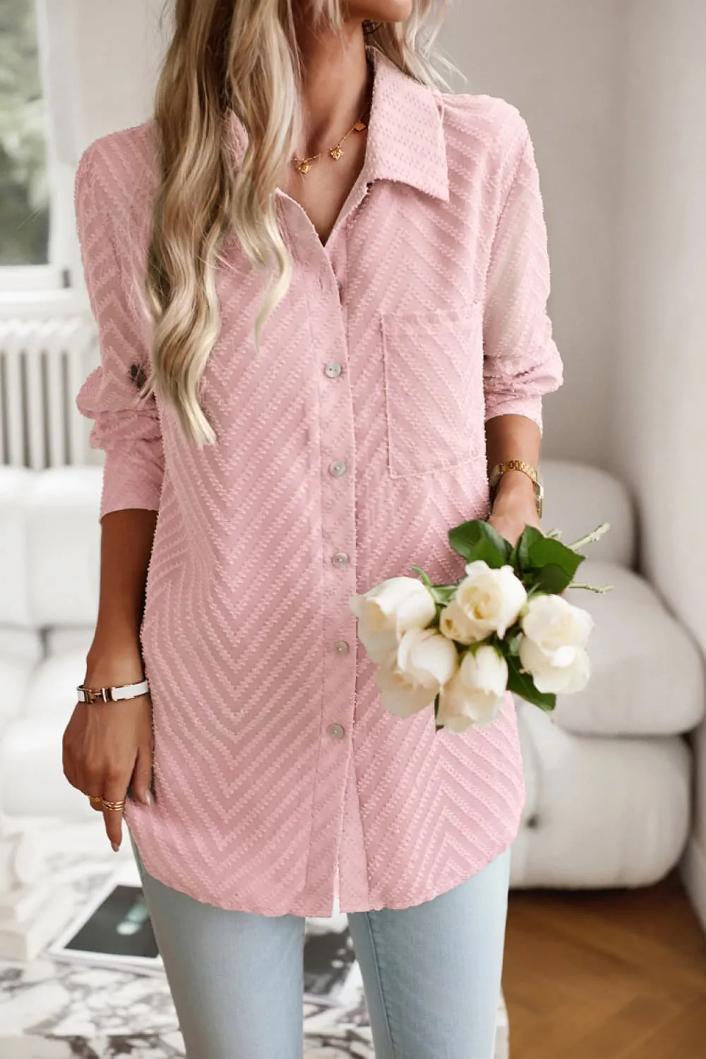 Collared Neck Long Sleeve Pocketed Shirt, image 5