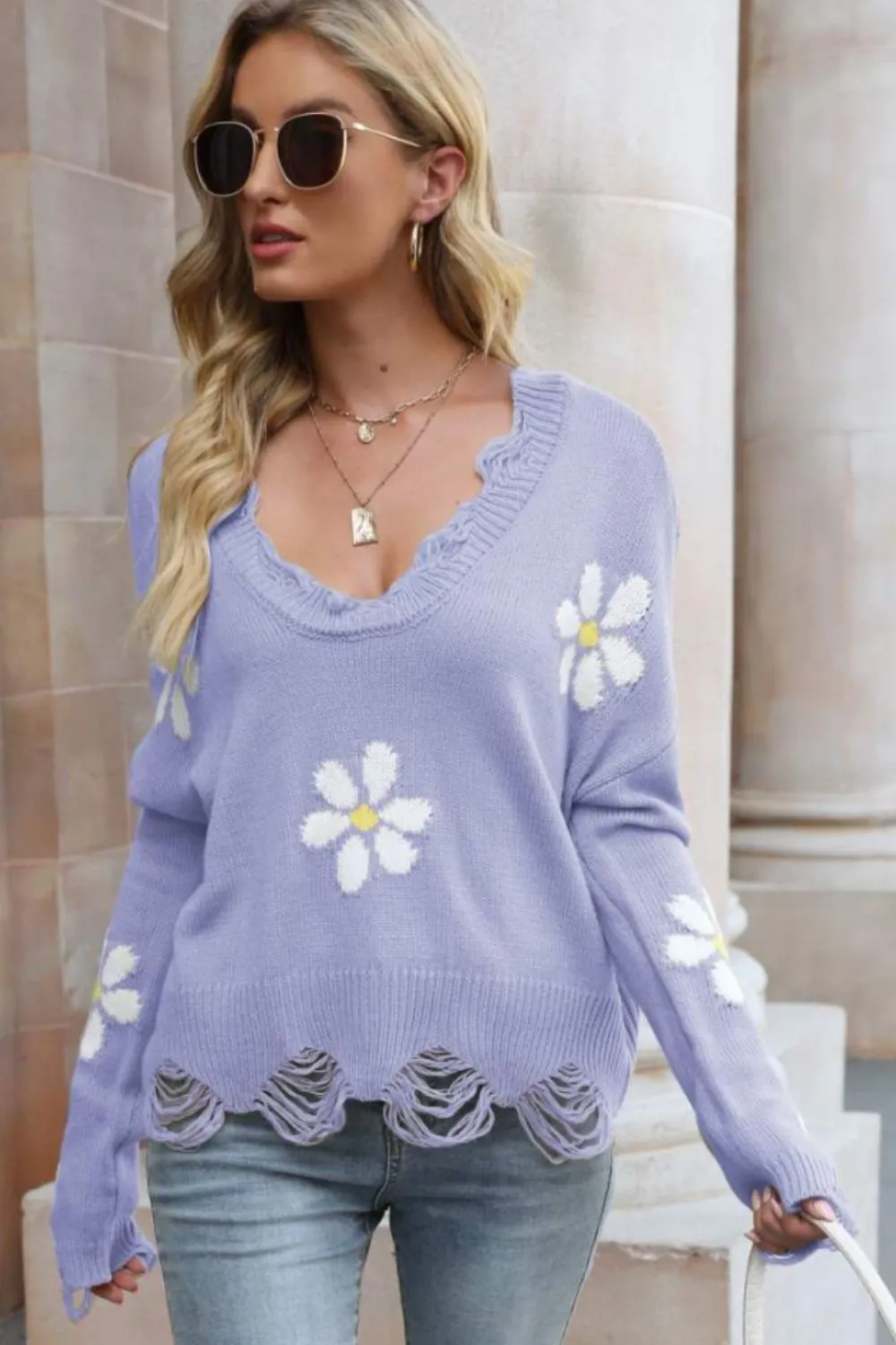 Flower Distressed Ribbed Trim Sweater, image 12