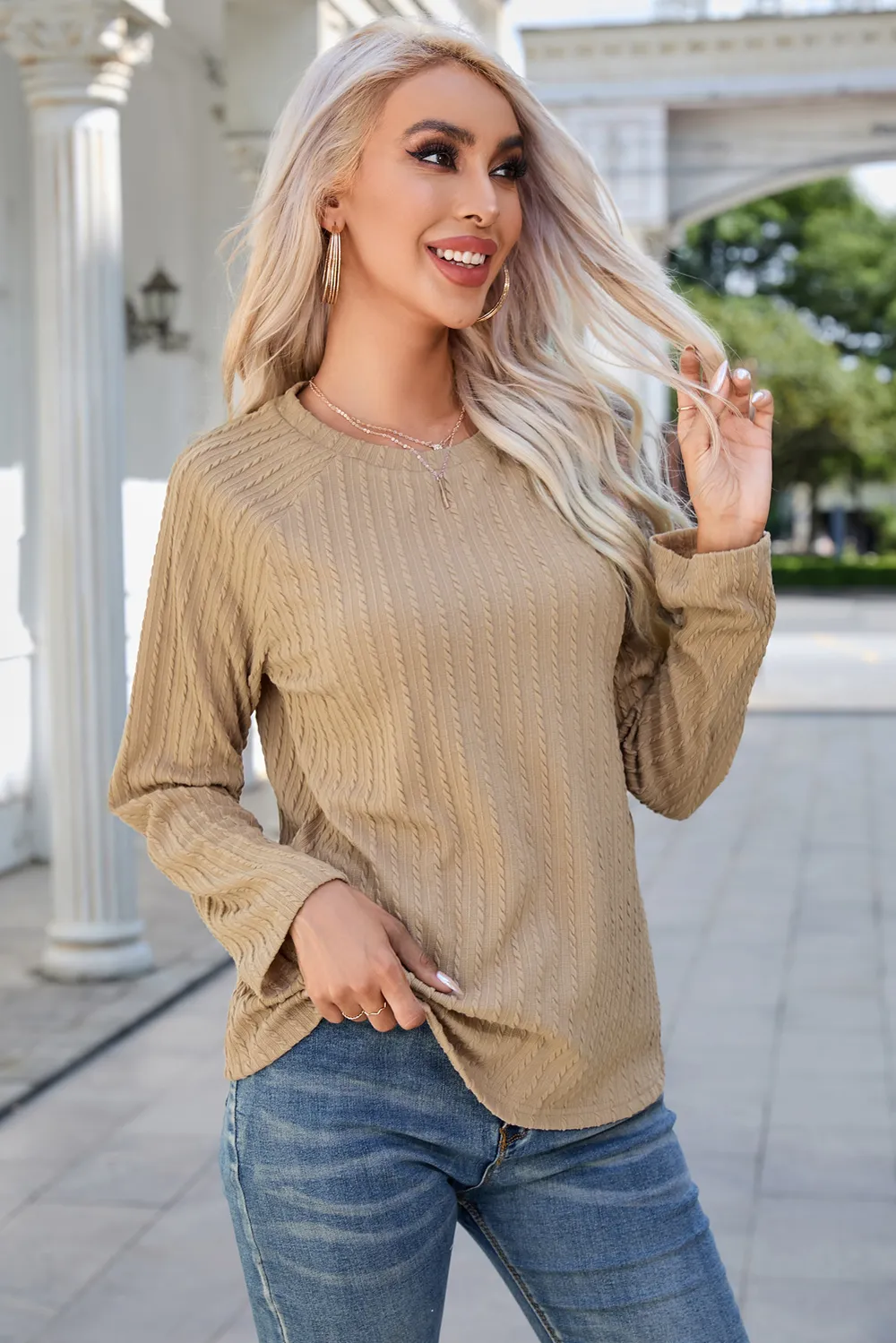 Round Neck Raglan Sleeve Ribbed Blouse, image 4