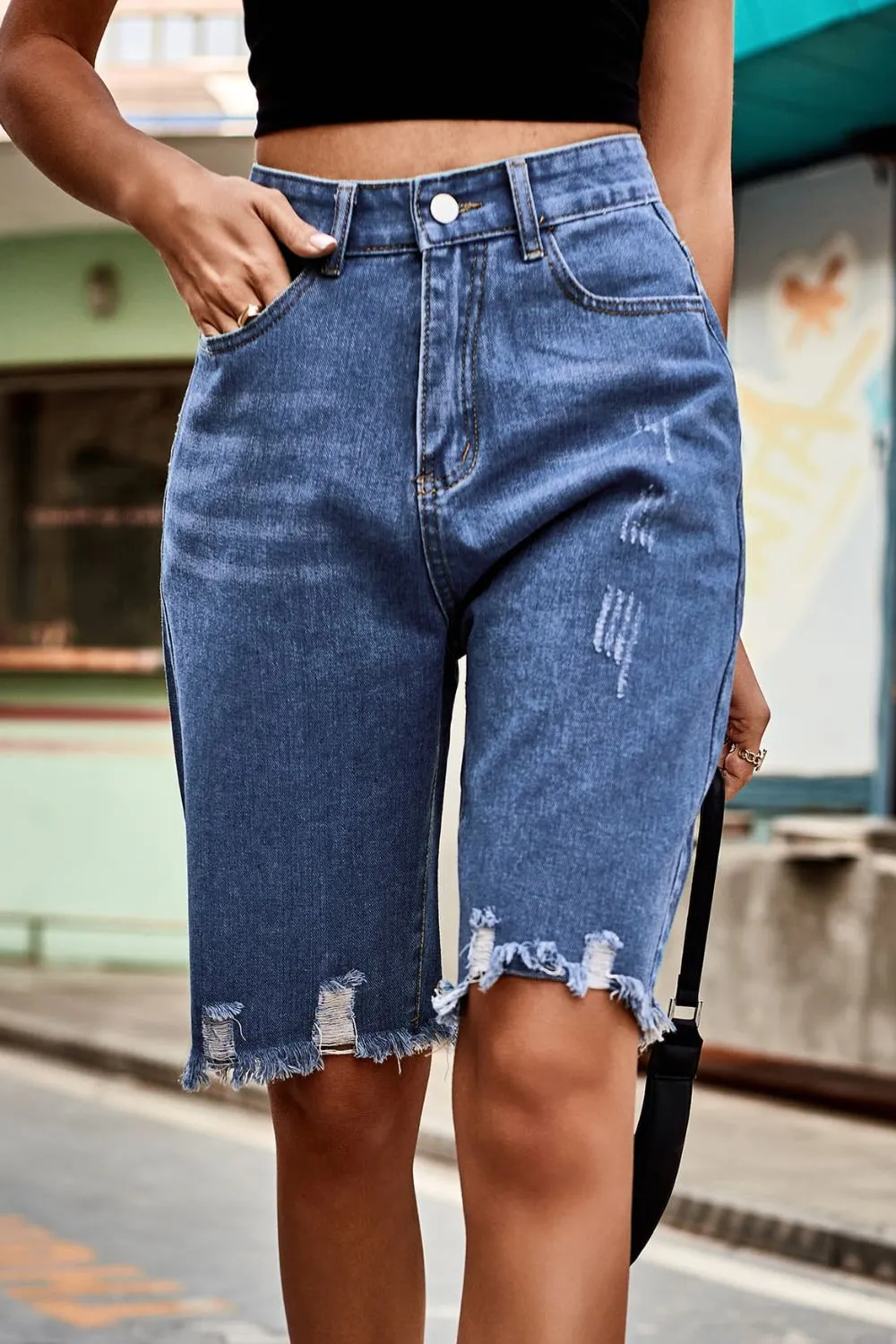 Raw Hem High Waist Denim Shorts with Pockets, image 4