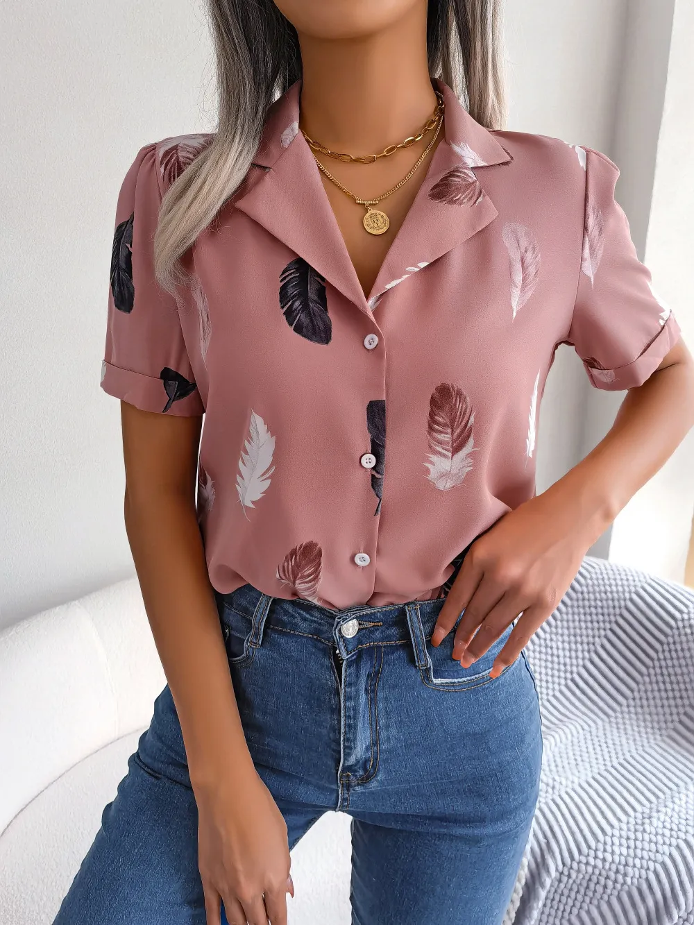 Feather Print Lapel Collar Puff Sleeve Shirt, image 8