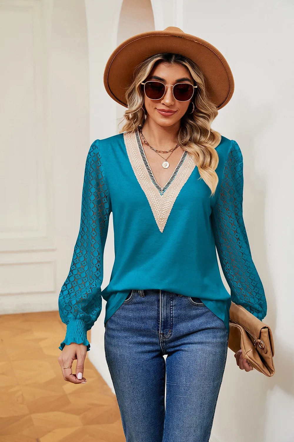 Contrast V-Neck Long Sleeve Blouse, image 11