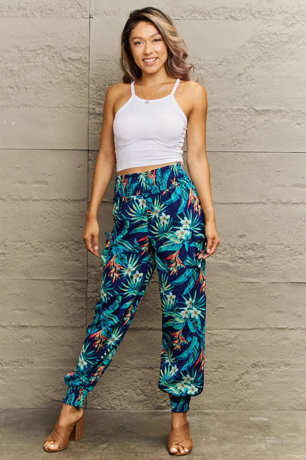 Smocked Plant Print Long Pants, image 3
