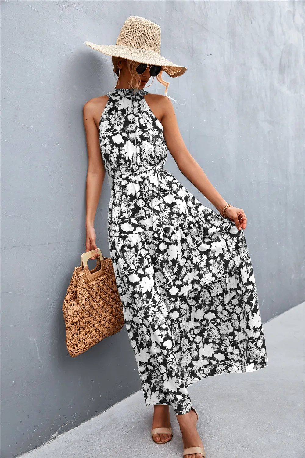 Printed Sleeveless Tie Waist Maxi Dress, image 5