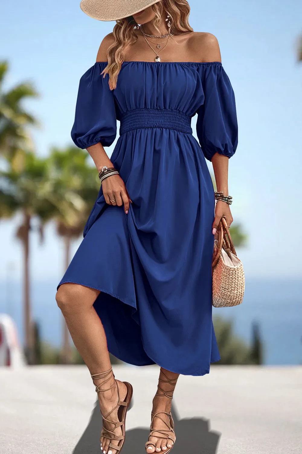 Square Neck Smocked Waist Puff Sleeve Midi Dress, image 6