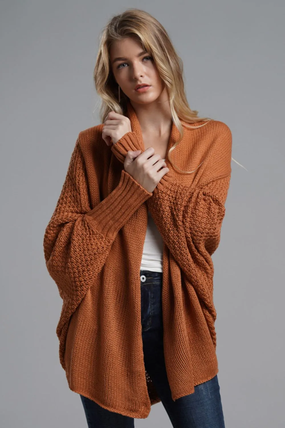 Dolman Sleeve Open Front Ribbed Trim Longline Cardigan, image 30