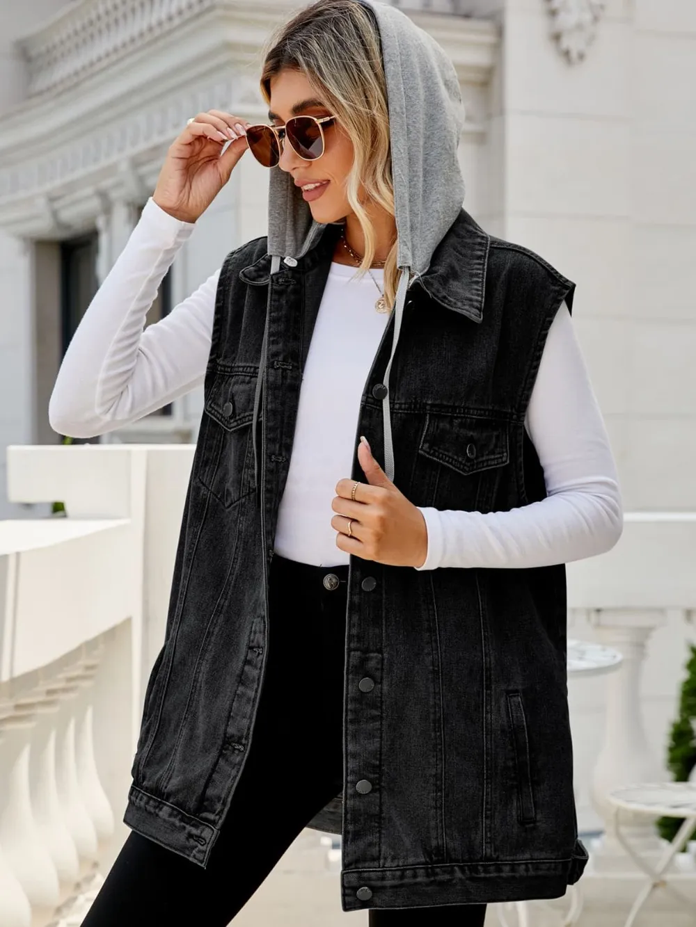 Drawstring Hooded Sleeveless Denim Top with Pockets, image 6
