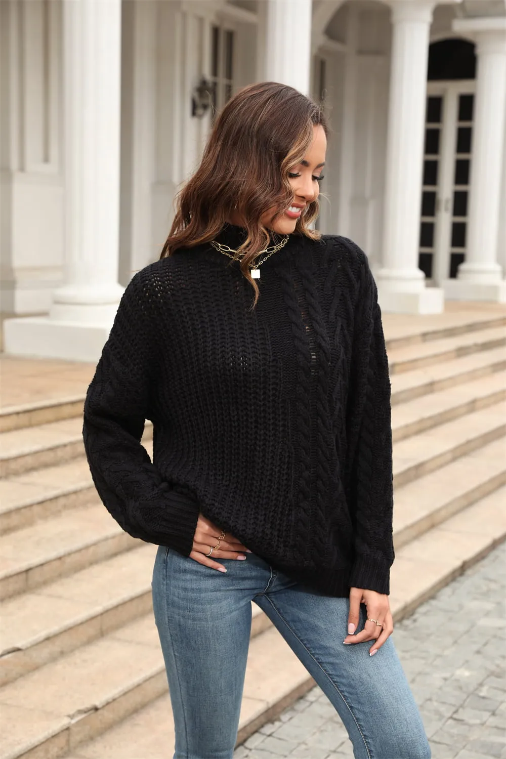 Cable-Knit Turtle Neck Long Sleeve Sweater, image 11