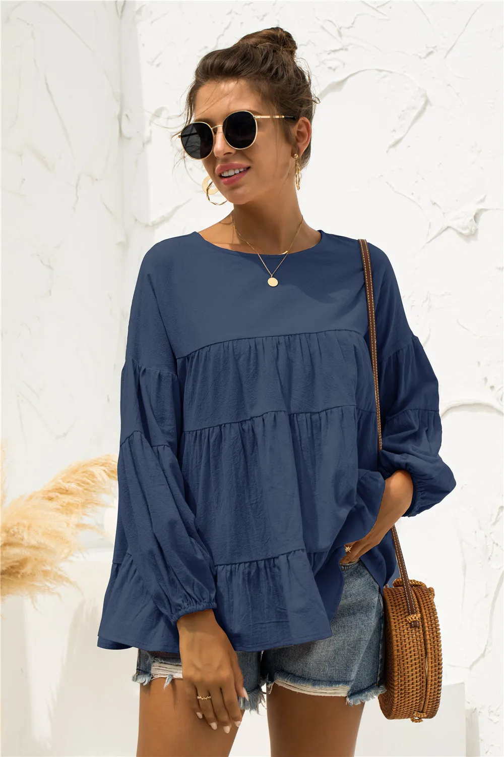 Round Neck Bubble Sleeve Tiered Blouse, image 6