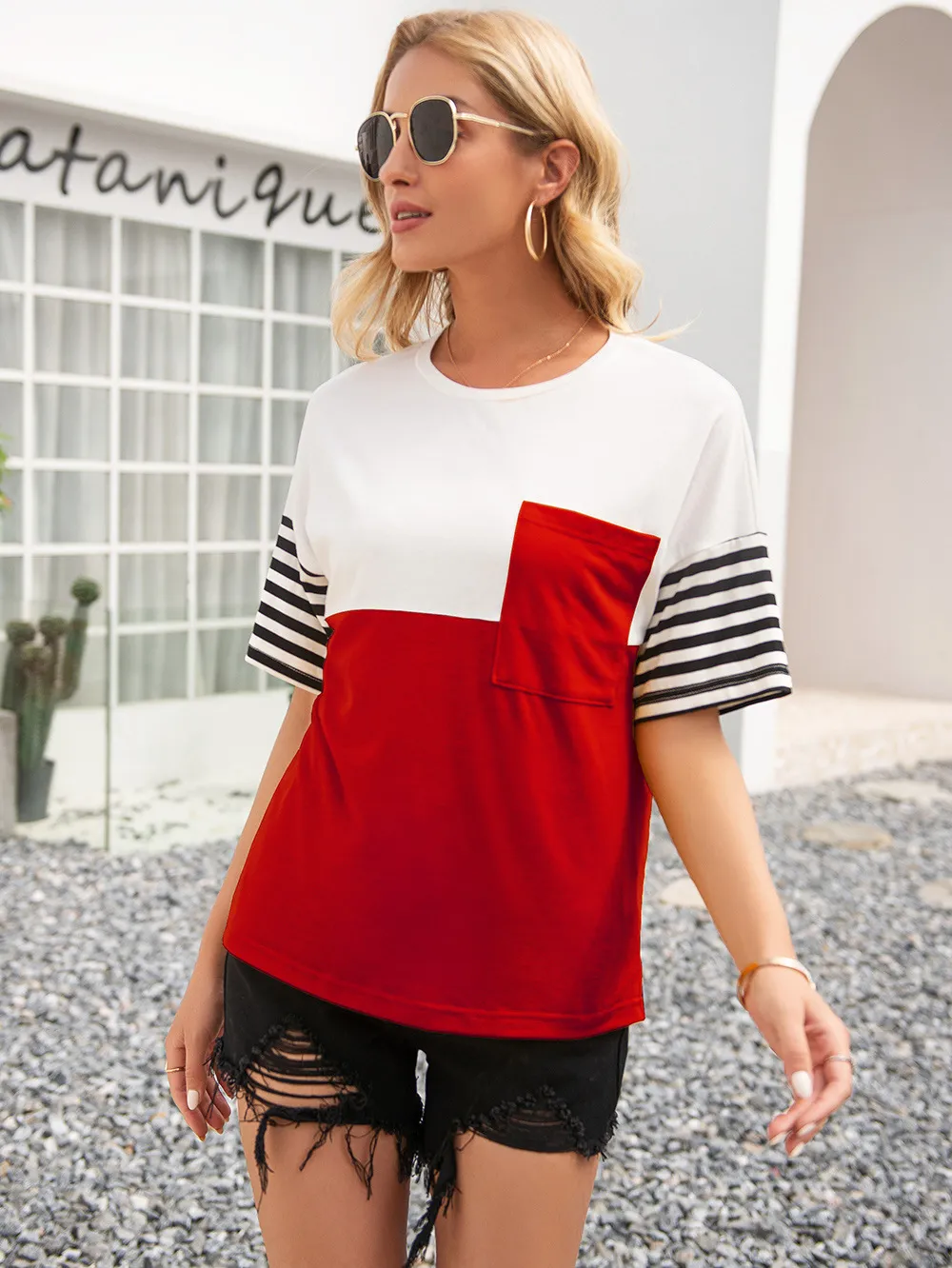 Striped Color Block Round Neck Tee, image 8