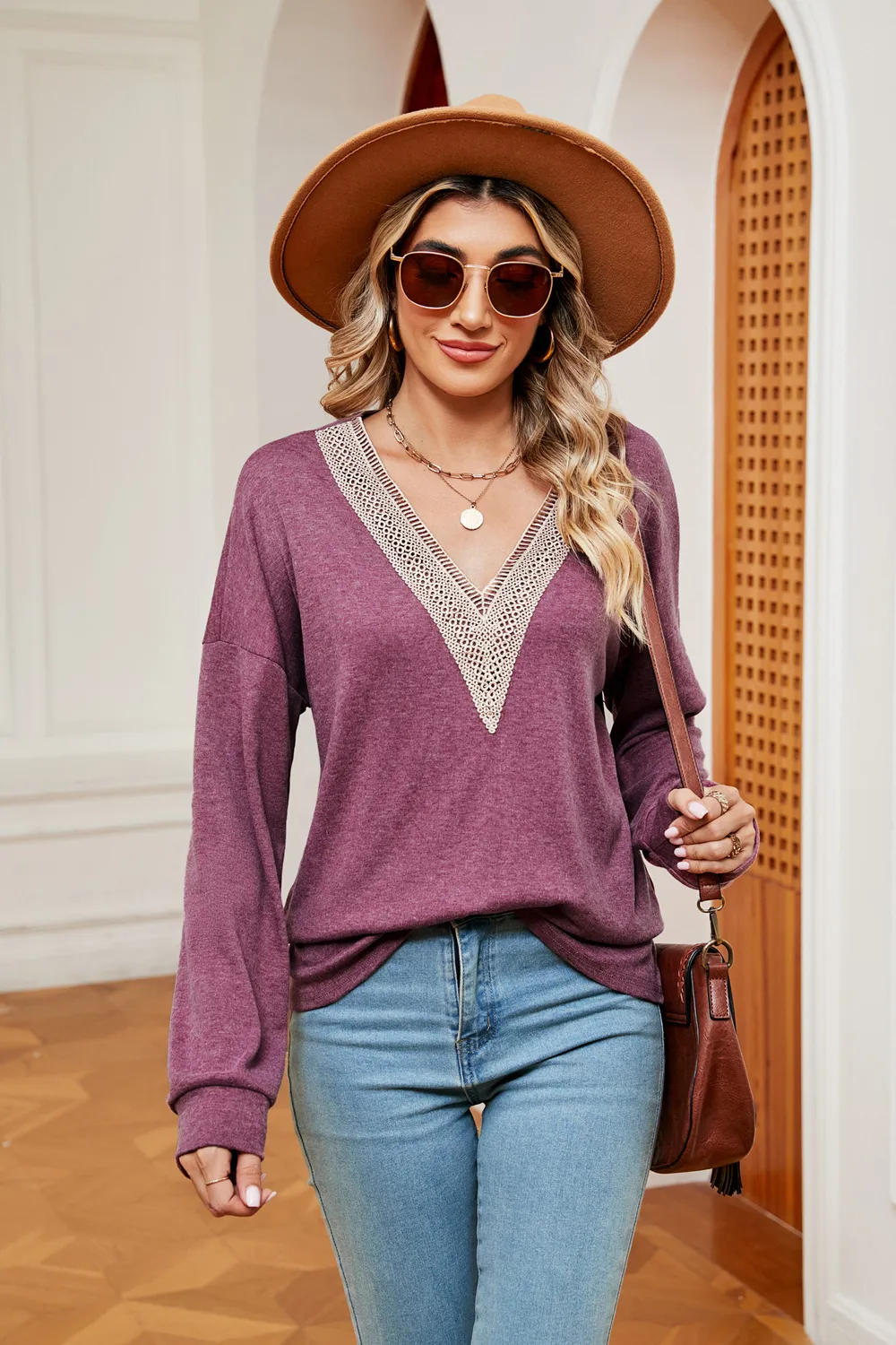 Contrast V-Neck Long Sleeve Blouse, image 2