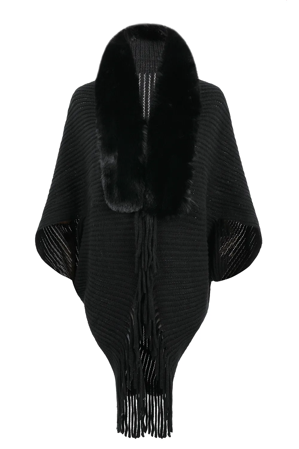 Fringe Detail Long Sleeve Ribbed Poncho, image 7