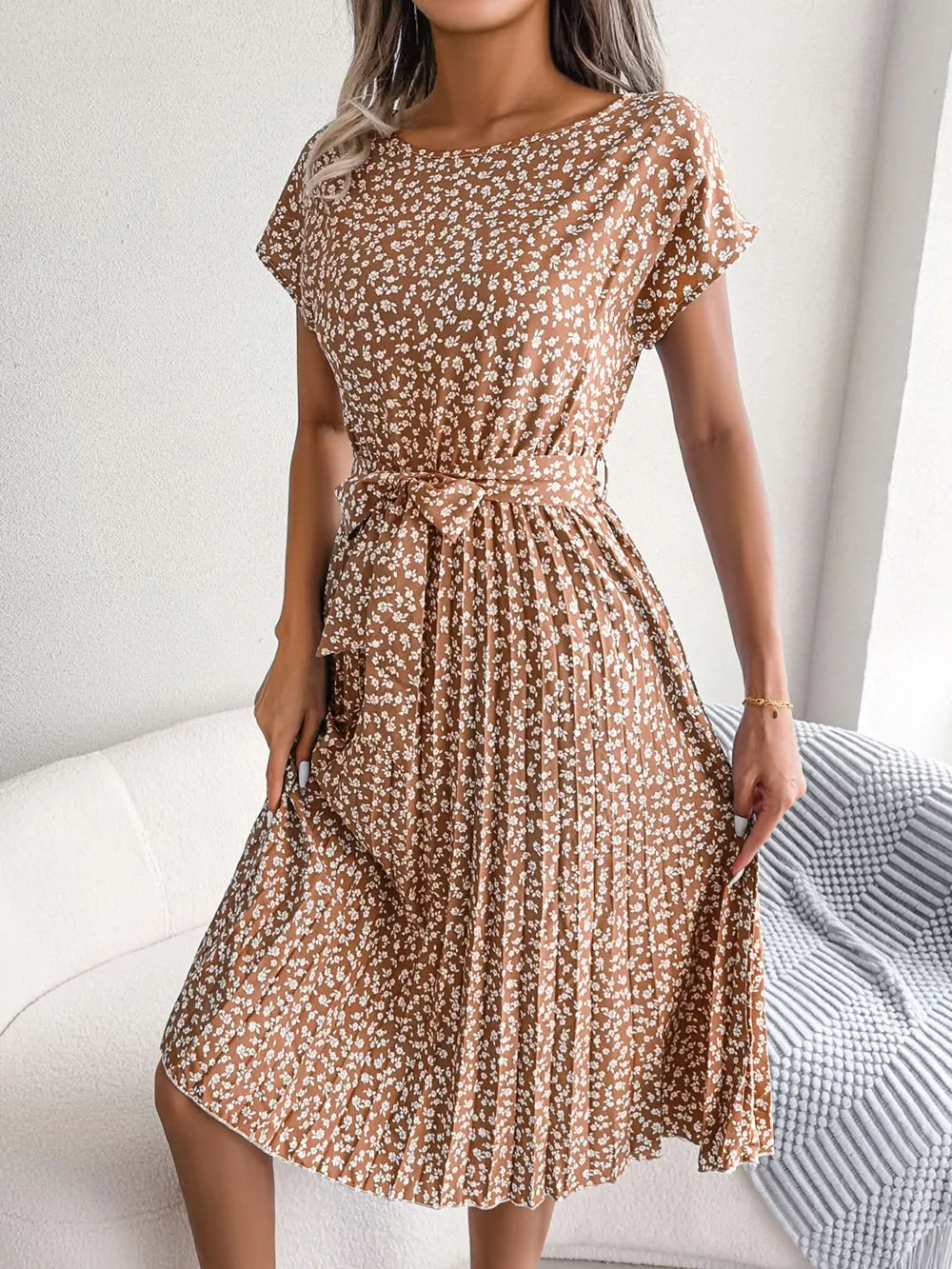 Ditsy Floral Pleated Belted Dress, image 6