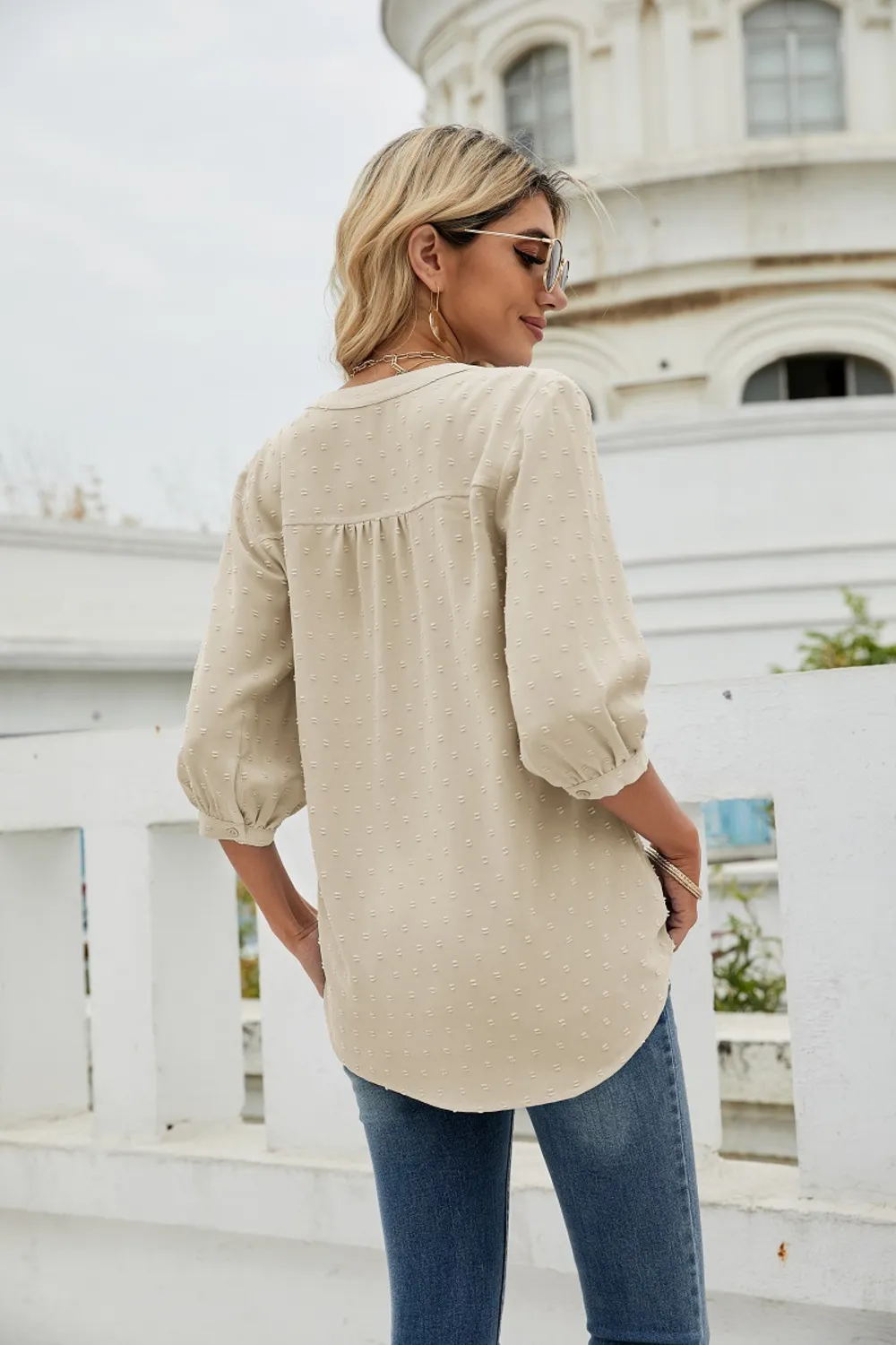 Swiss Dot Notched Neck Three-Quarter Sleeve Blouse, image 26