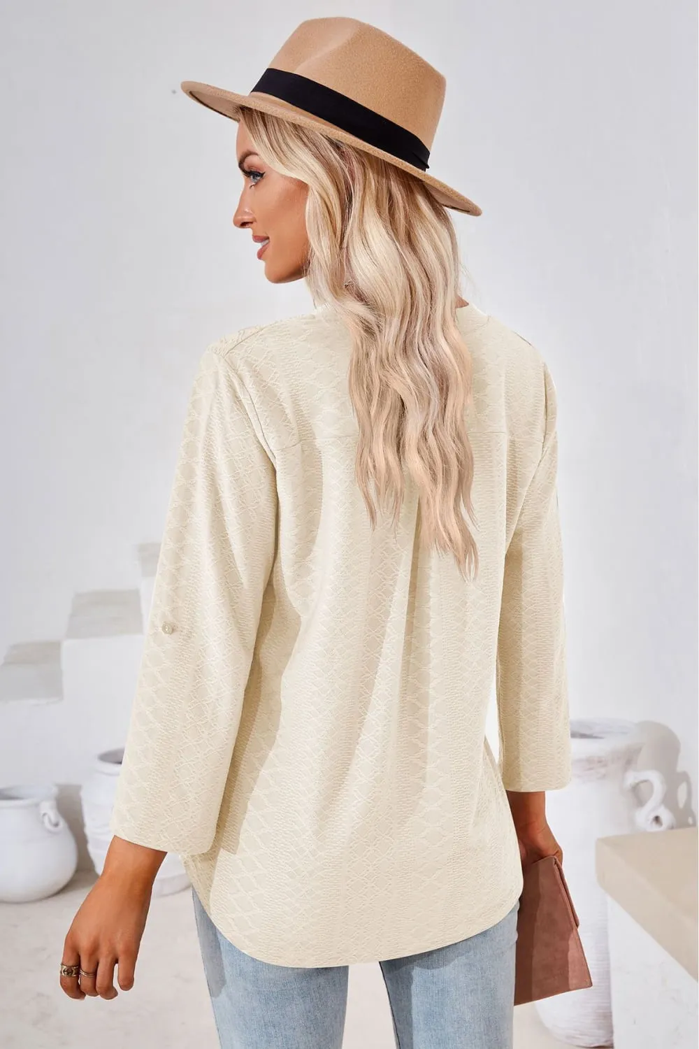 V-Neck Roll-Tap Sleeve Blouse, image 3