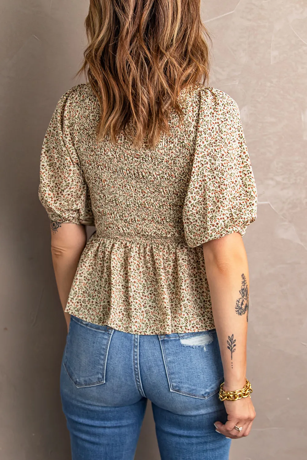 Smocked Balloon Sleeve Peplum Blouse, image 5
