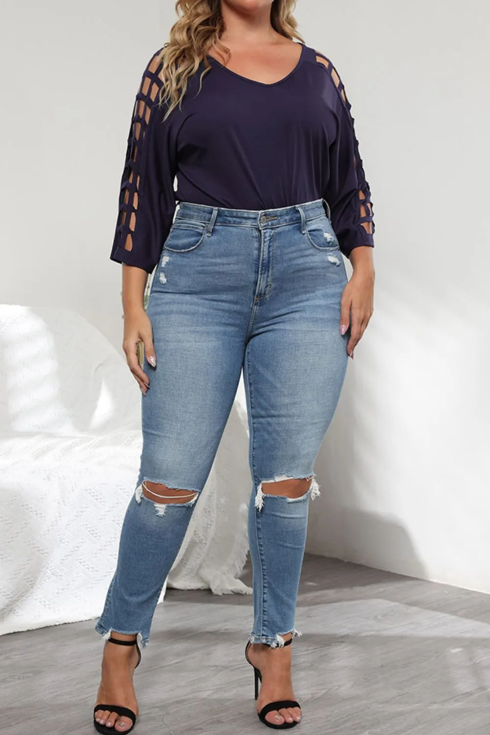 Plus Size Cutout Three-Quarter Sleeve Blouse, image 4