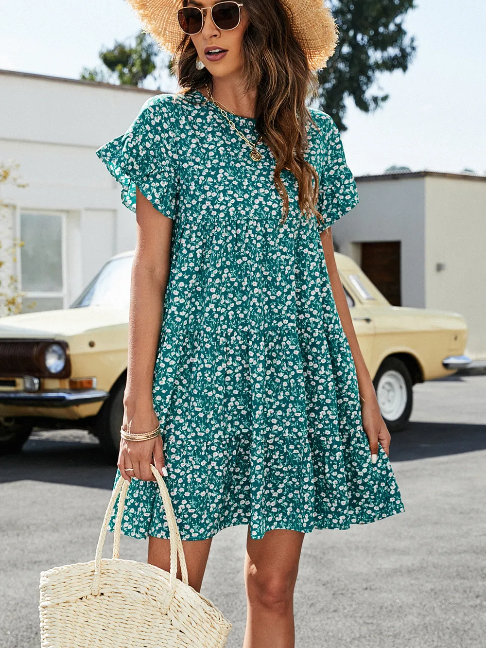 Short Flounce Sleeve Tiered Dress, image 3