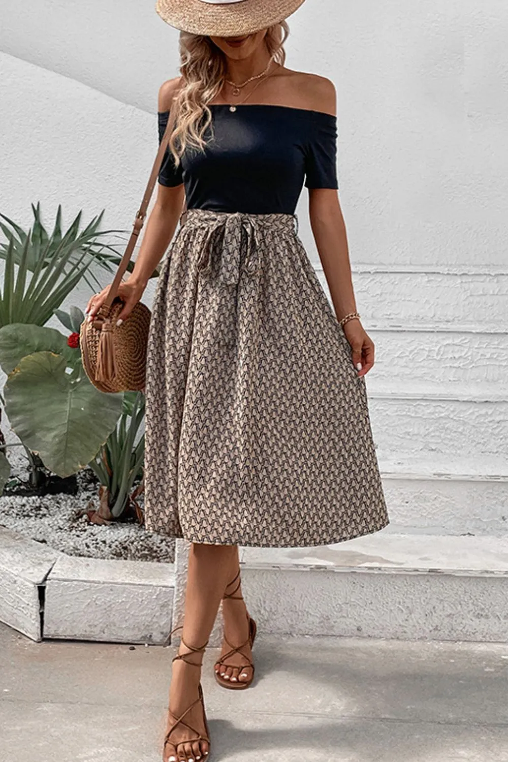 Printed Tie Belt Off-Shoulder Dress, image 3