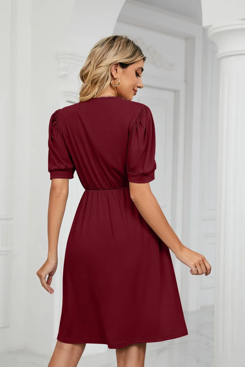Contrast V-Neck Puff Sleeve Pocket Dress, image 18