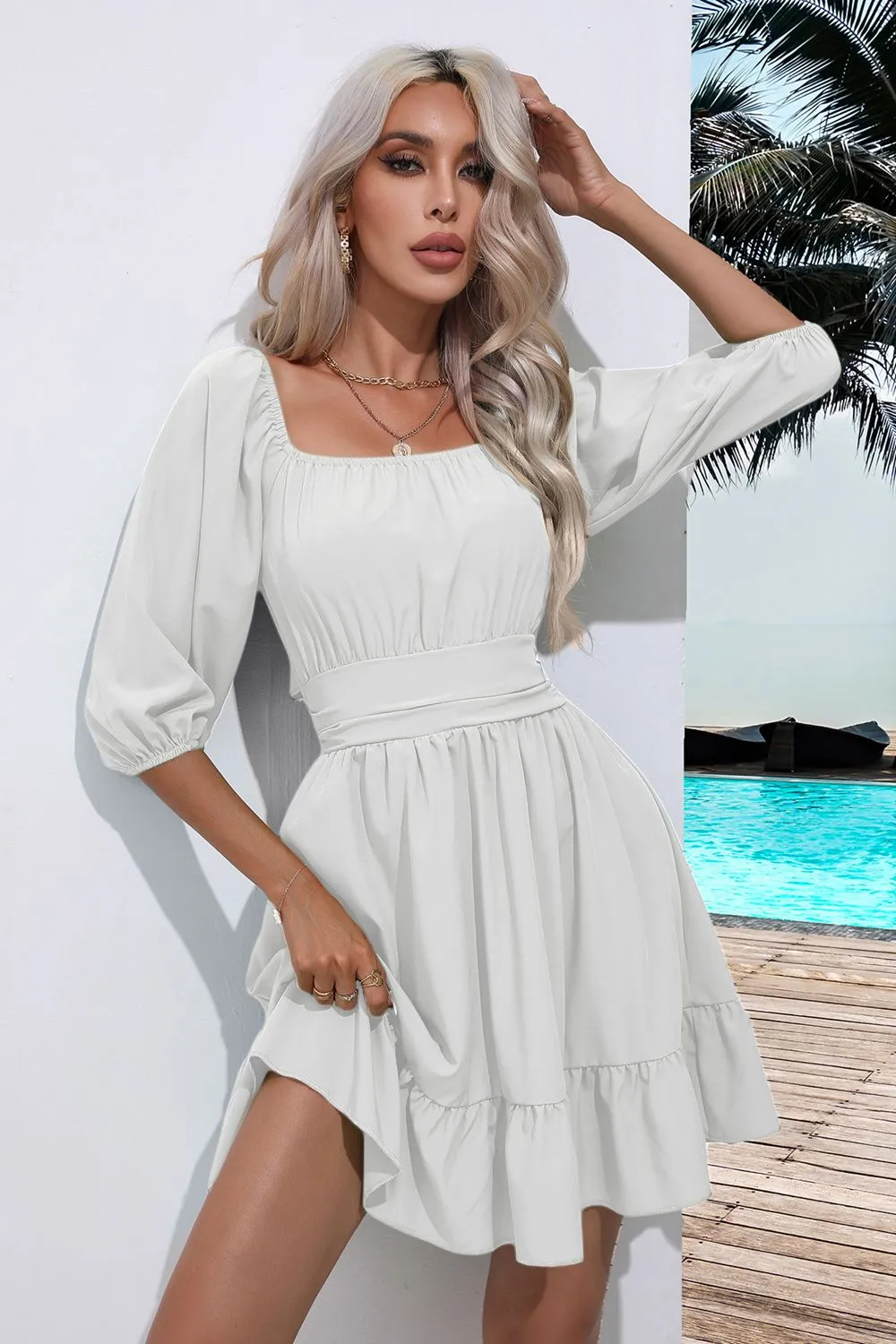 Square Neck Tie Back Ruffle Hem Dress, image 8