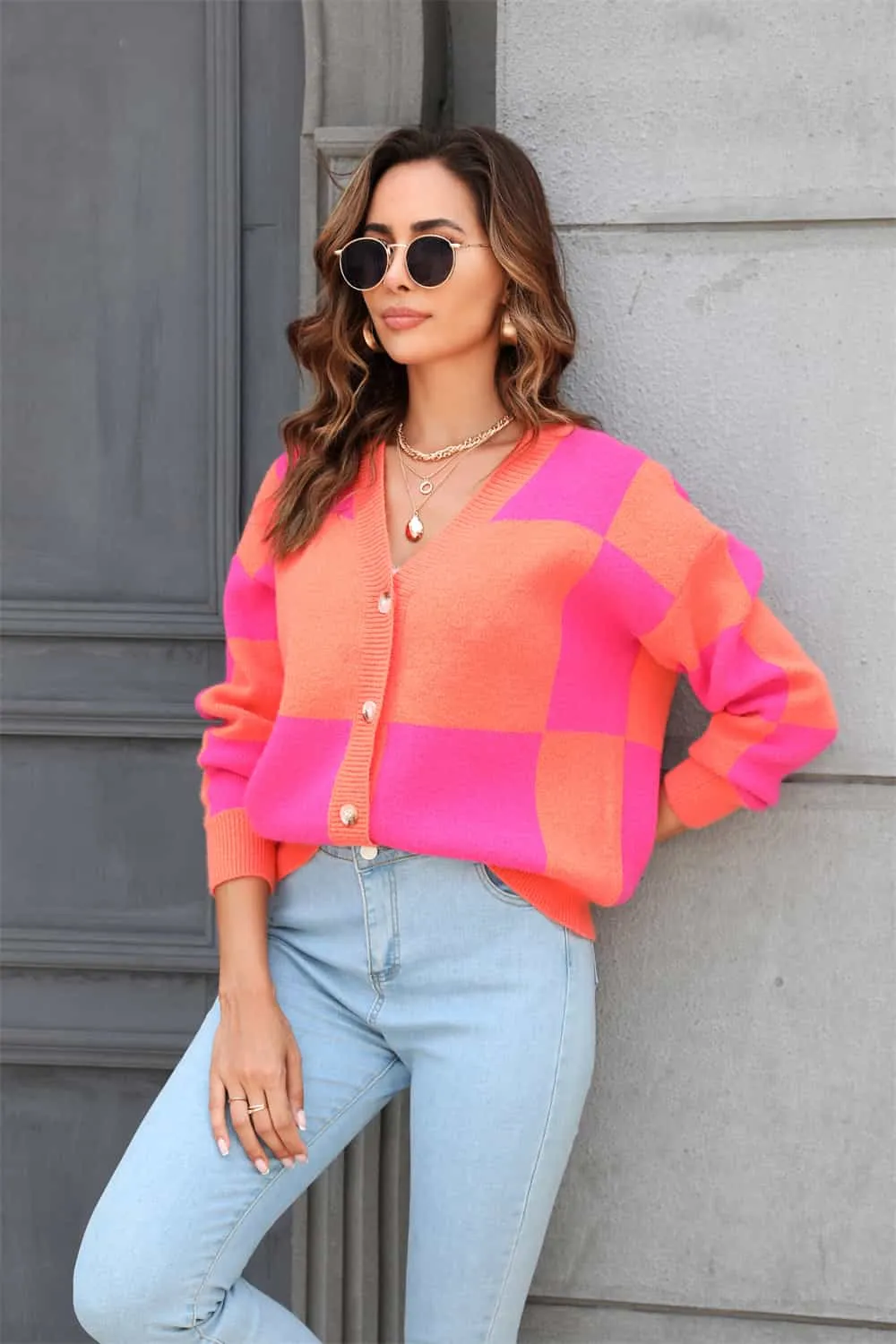 Plaid V-Neck Dropped Shoulder Cardigan, image 4