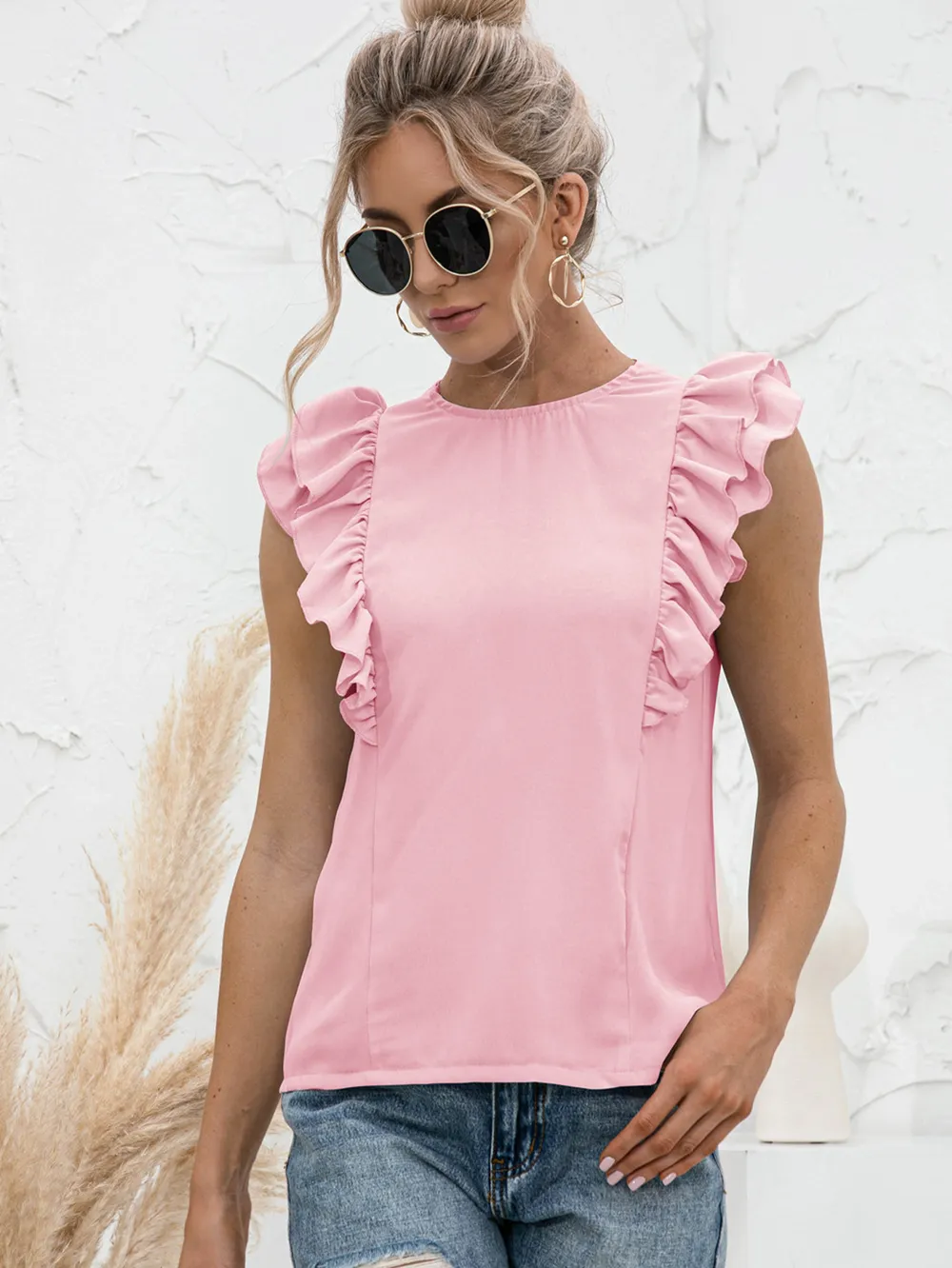 Round Neck Tied Open Back Flutter Sleeve Top, image 4