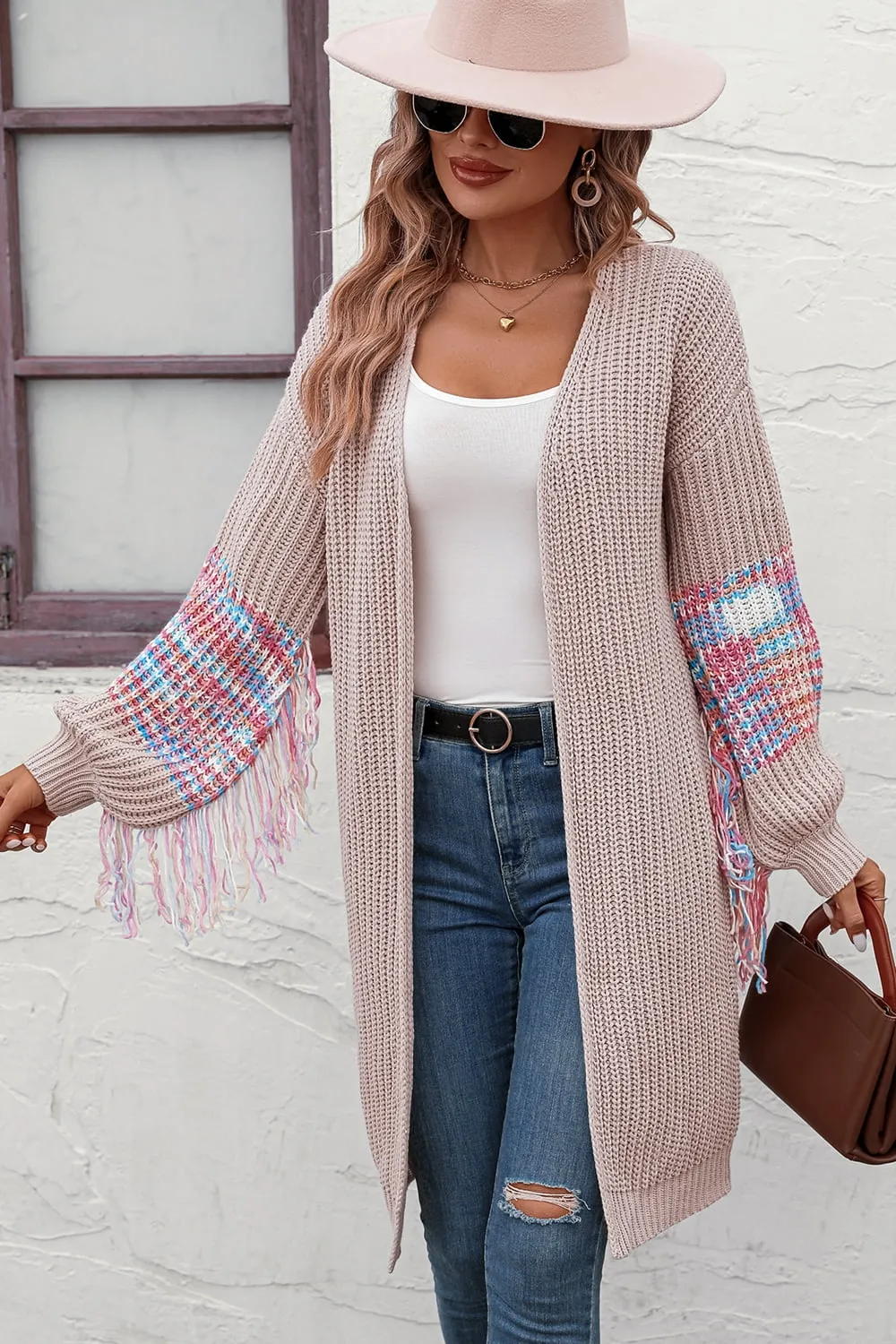 Fringe Sleeve Dropped Shoulder Cardigan, image 6