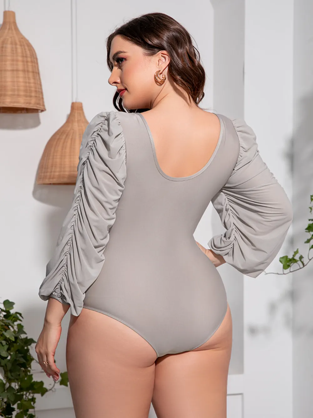 Plus Size Tied Deep V Balloon Sleeve One-Piece Swimsuit, image 9