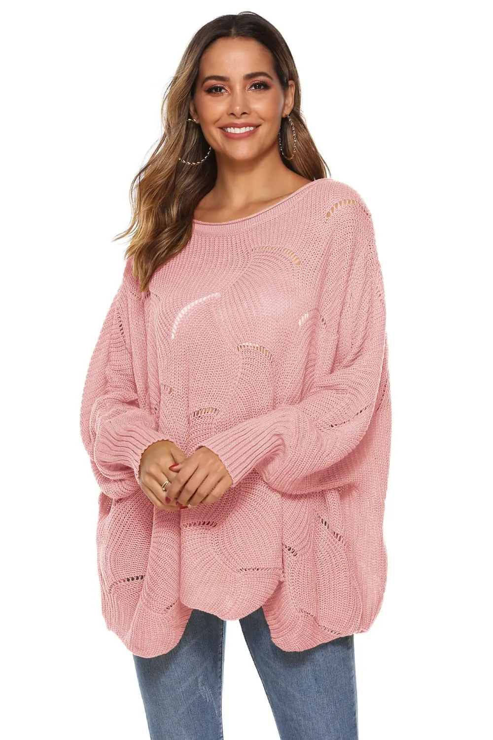 Round Neck Long Sleeve Openwork Sweater, image 12