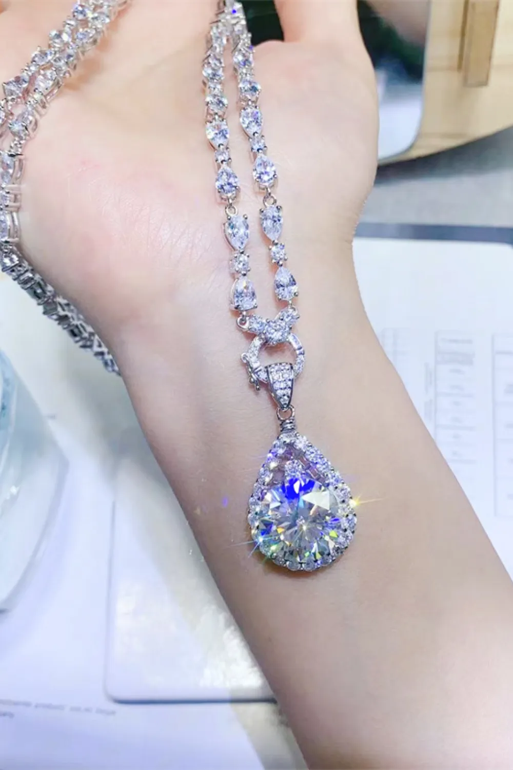 10 Carat Moissanite Teardrop Pendant Platinum-Plated Necklace, image 4