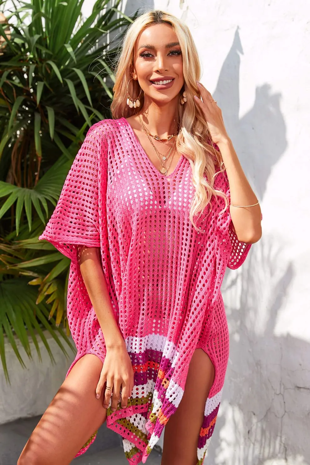 Rainbow Stripe Openwork Slit Cover-Up, image 13