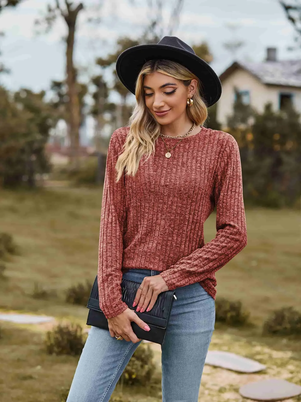 Ribbed Round Neck Long Sleeve Tee, image 8