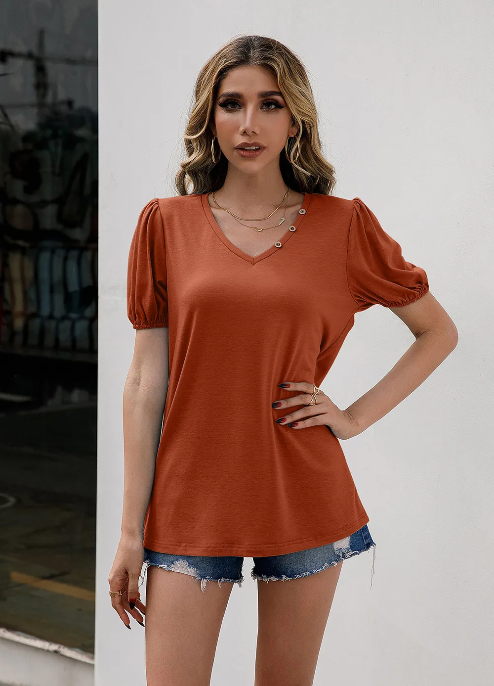 V-Neck Decorative Buttons Puff Sleeve Tee, image 2