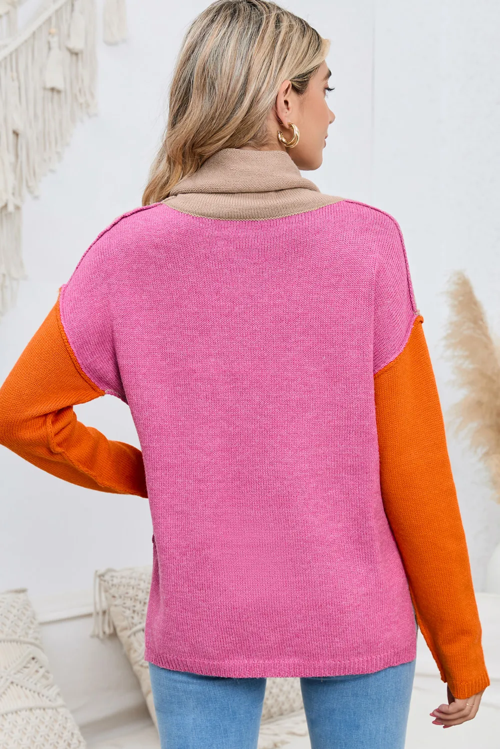 Turtle Neck Dropped Shoulder Slit Sweater, image 2