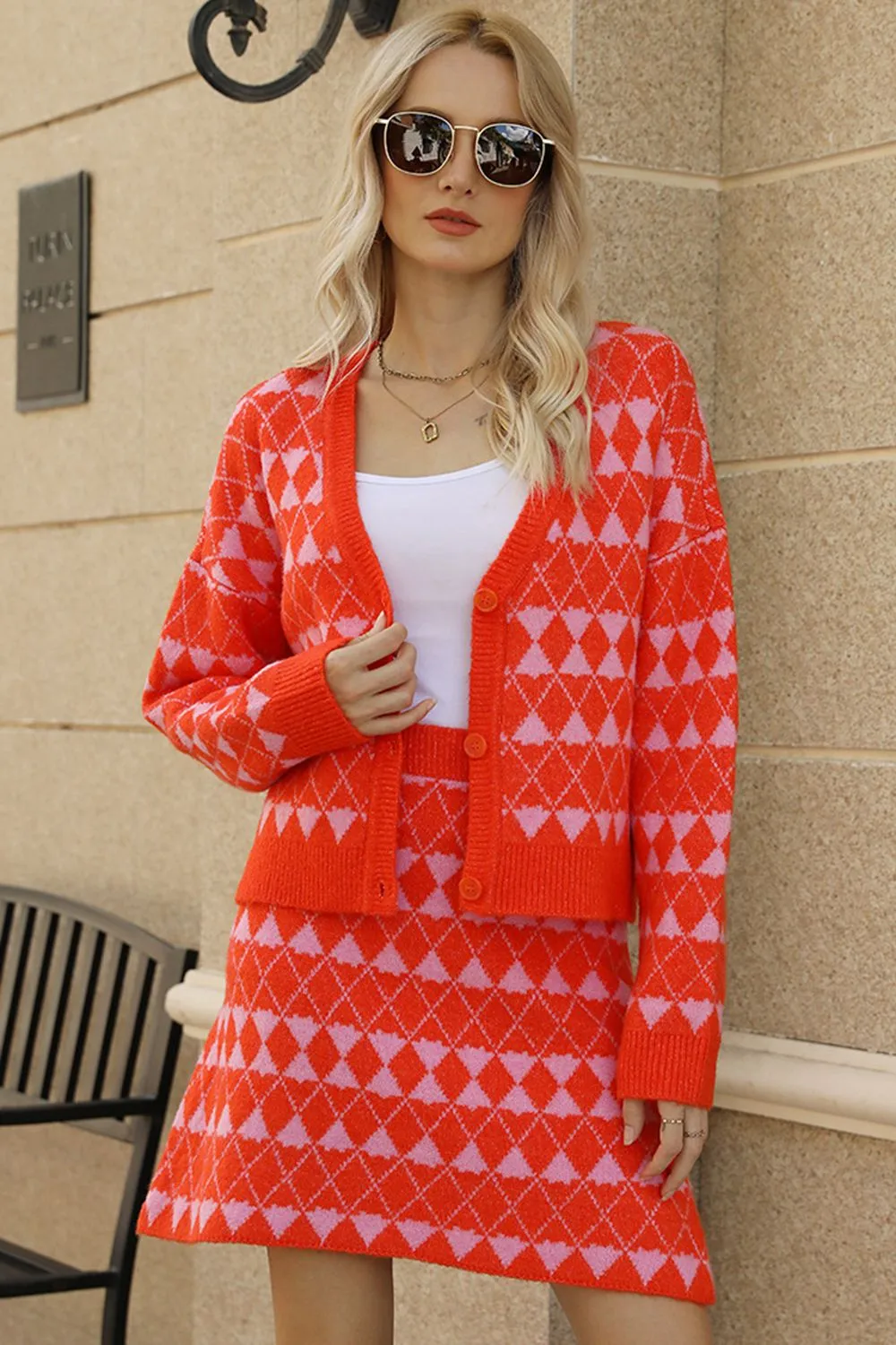 Geometric Dropped Shoulder Cardigan and Knit Skirt Set, image 2