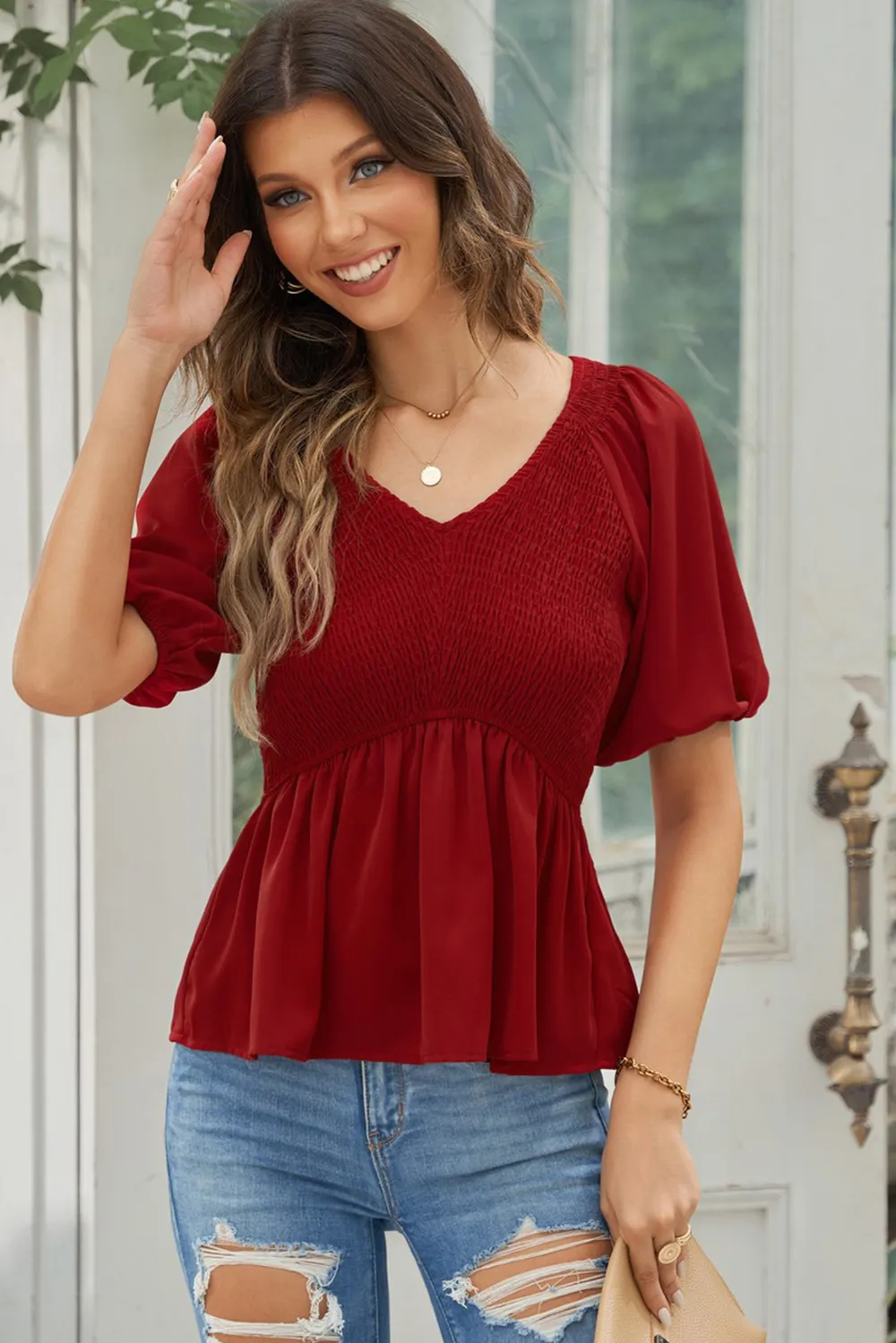 Smocked Balloon Sleeve Peplum Blouse, image 6