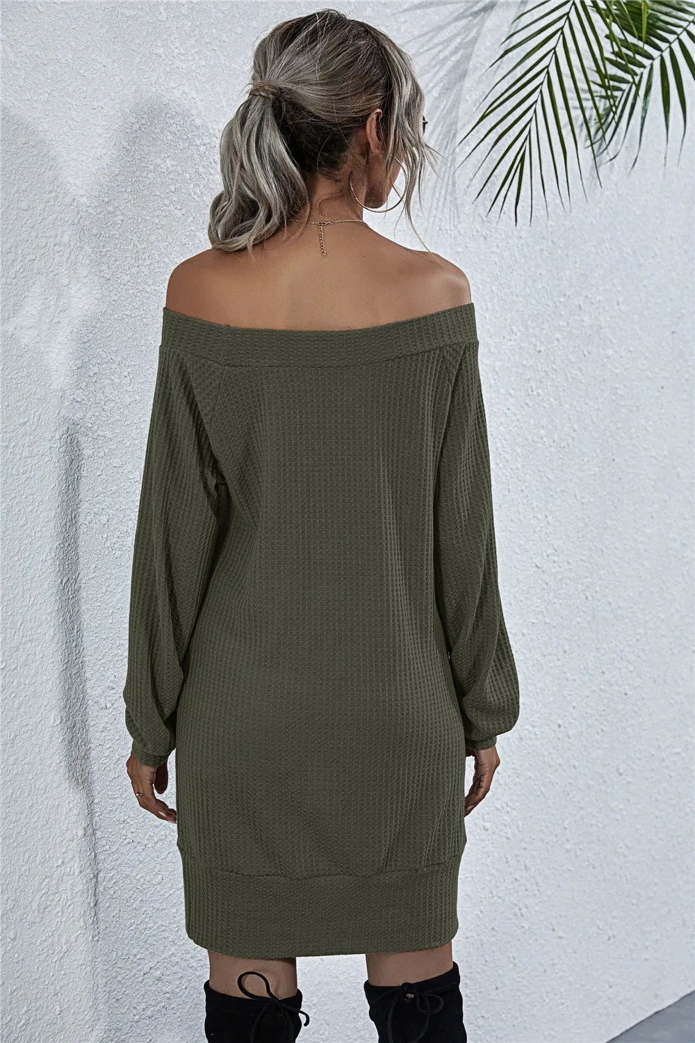Waffle-Knit Boat Neck Mini Dress, image 5