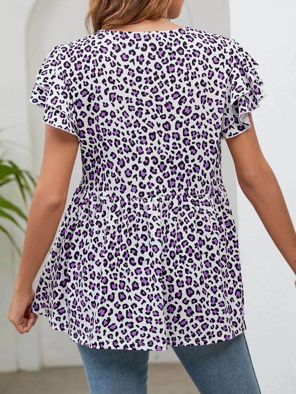 Leopard Round Neck Flutter Sleeve Babydoll Blouse, image 5