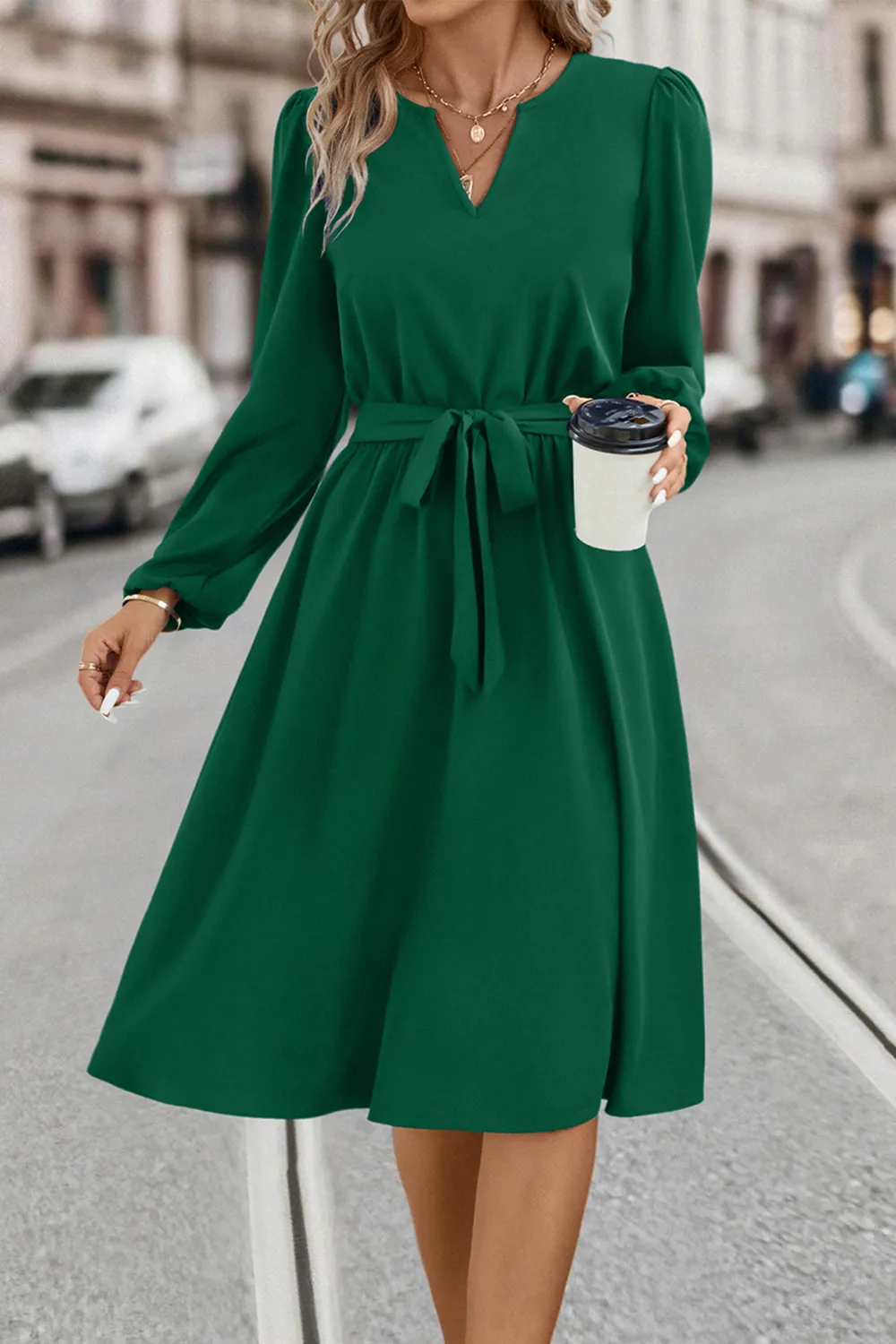 Tie Waist Notched Neck Long Sleeve Dress, image 4
