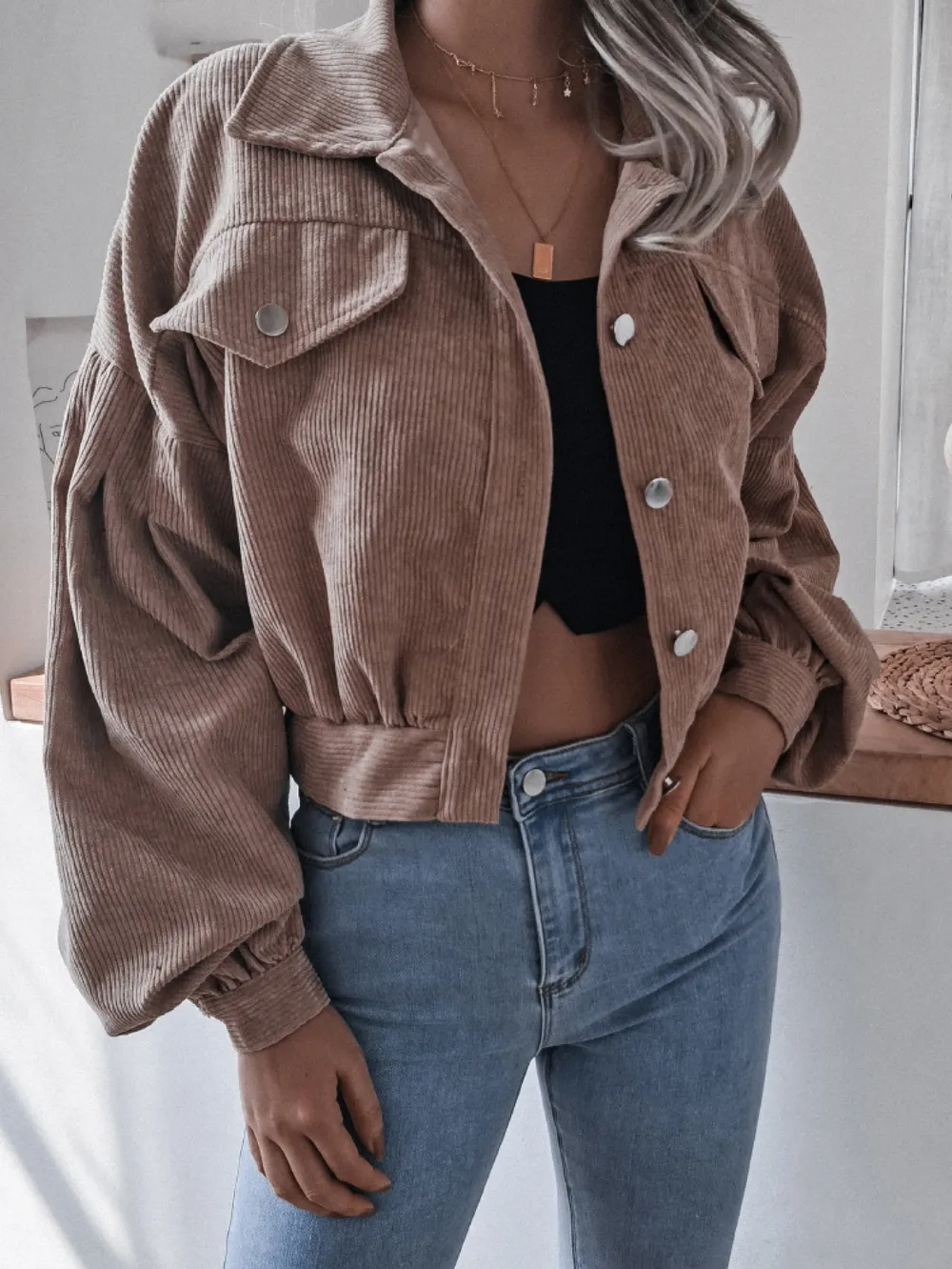 Lantern Sleeve Cropped Corduroy Jacket, image 5