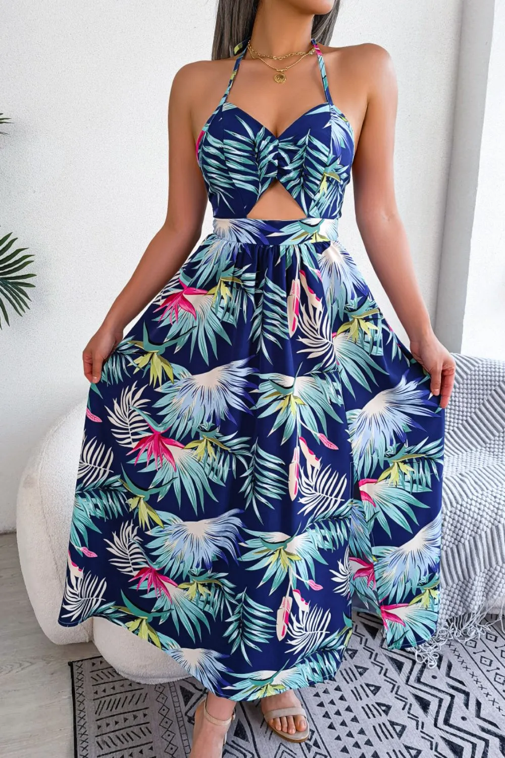 Botanical Print Tied Backless Cutout Slit Dress, image 6