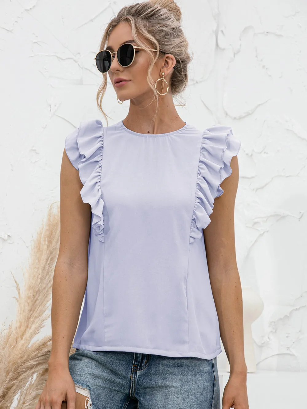 Round Neck Tied Open Back Flutter Sleeve Top, image 5