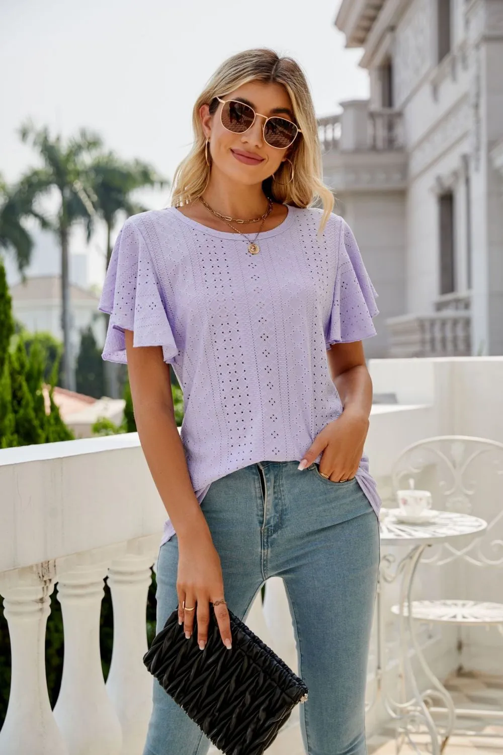 Eyelet Flutter Sleeve Round Neck Top, image 2
