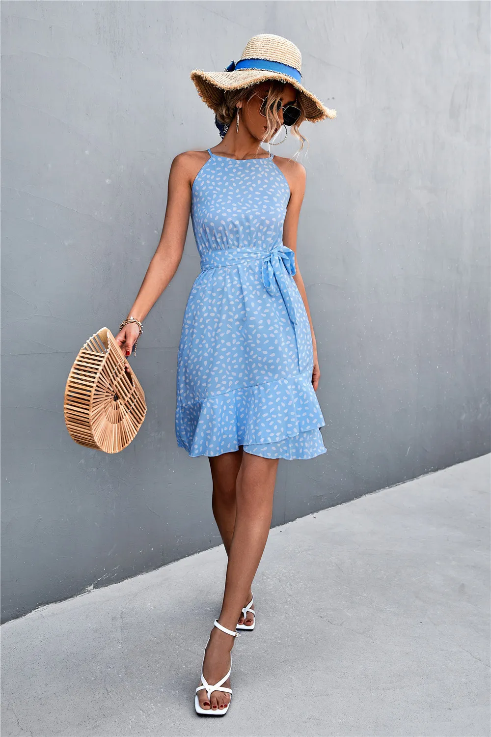 Printed Tie Waist Ruffle Hem Sleeveless Dress, image 3