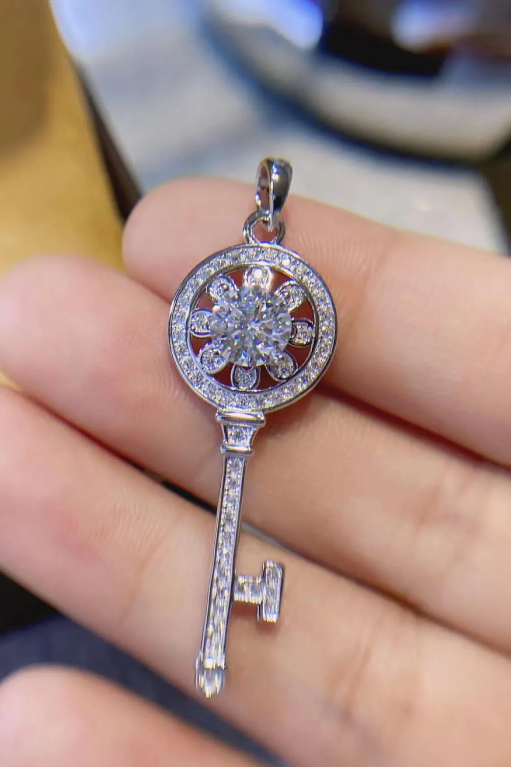 1 Carat Moissanite Platinum-Plated Key Pendant Necklace, image 3