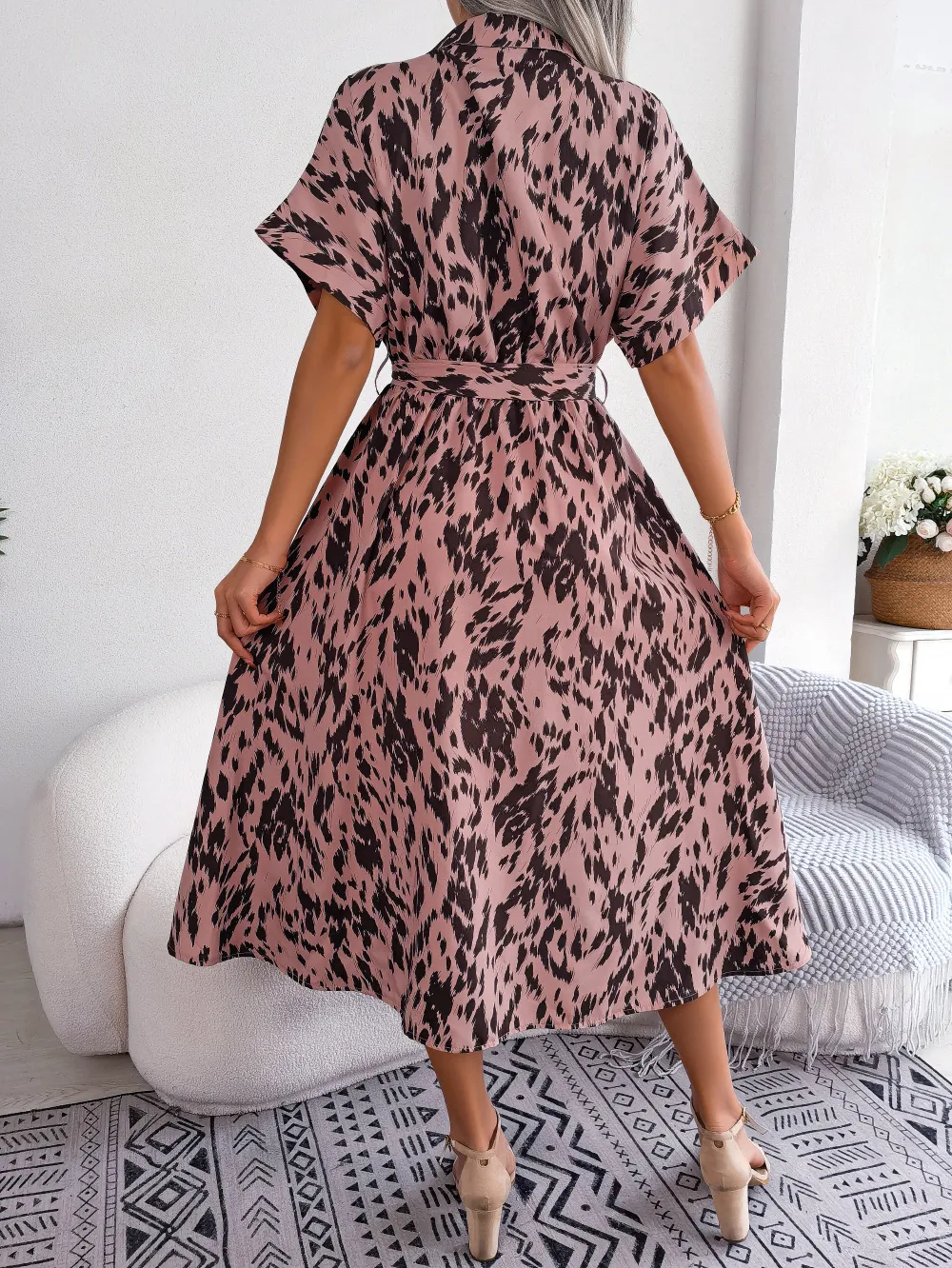 Printed Collared Neck Short Sleeve Tie Waist Dress, image 6