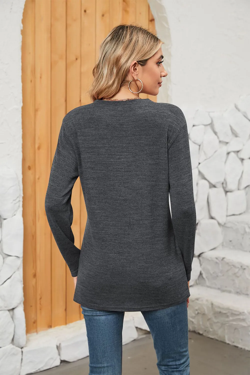 Notched Neck Long Sleeve T-Shirt, image 9