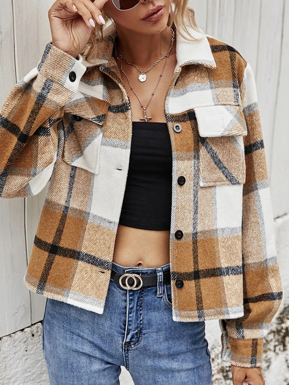 Plaid Collared Neck Jacket with Breast Pockets, image 6